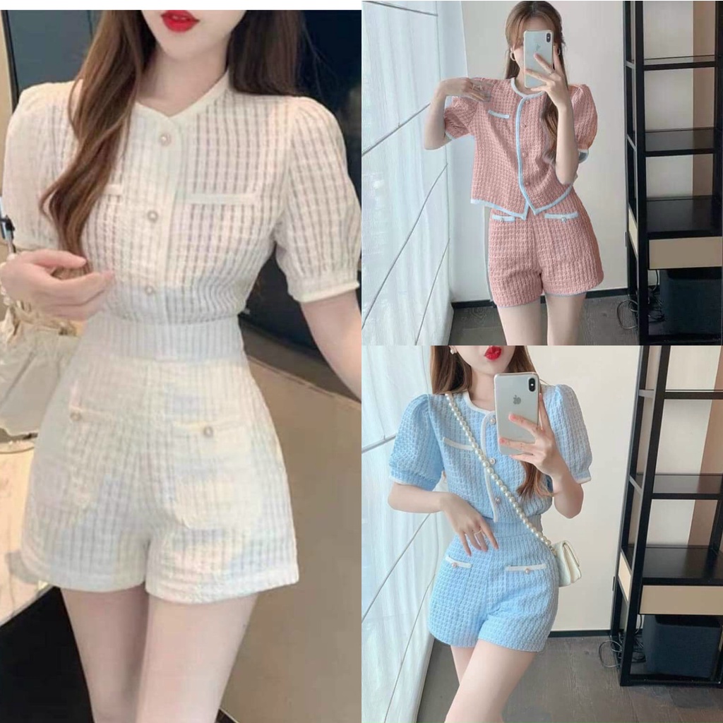 Sét bộ nữ sang chảnh tay búp cổ tròn kèm quần phối túi bộ nữ xuân hè