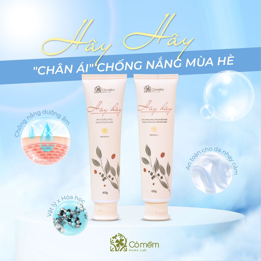 Kem Chống Nắng Thiên Nhiên Thấm Nhanh An Toàn Cho Mẹ Bầu Hây Hây Chống Nắng SPF 40, PA ++ Cỏ Mềm 60g