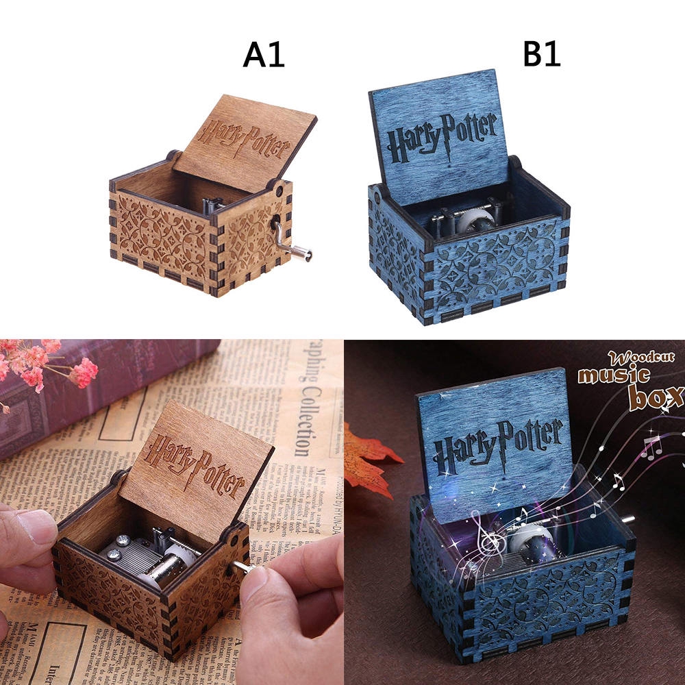 Hộp nhạc bằng gỗ khắc chữ harry potter thủ công phong cách vintage làm quà cho bé