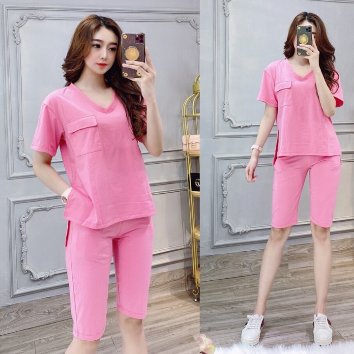 Bộ Đồ Nữ Thun Cotton Cao Cấp Quần Lửng Áo Cổ Tim Ngắn Tay Xẻ Tà Cá Tính Mẫu Mới 2020- Hàng Có Sẵn