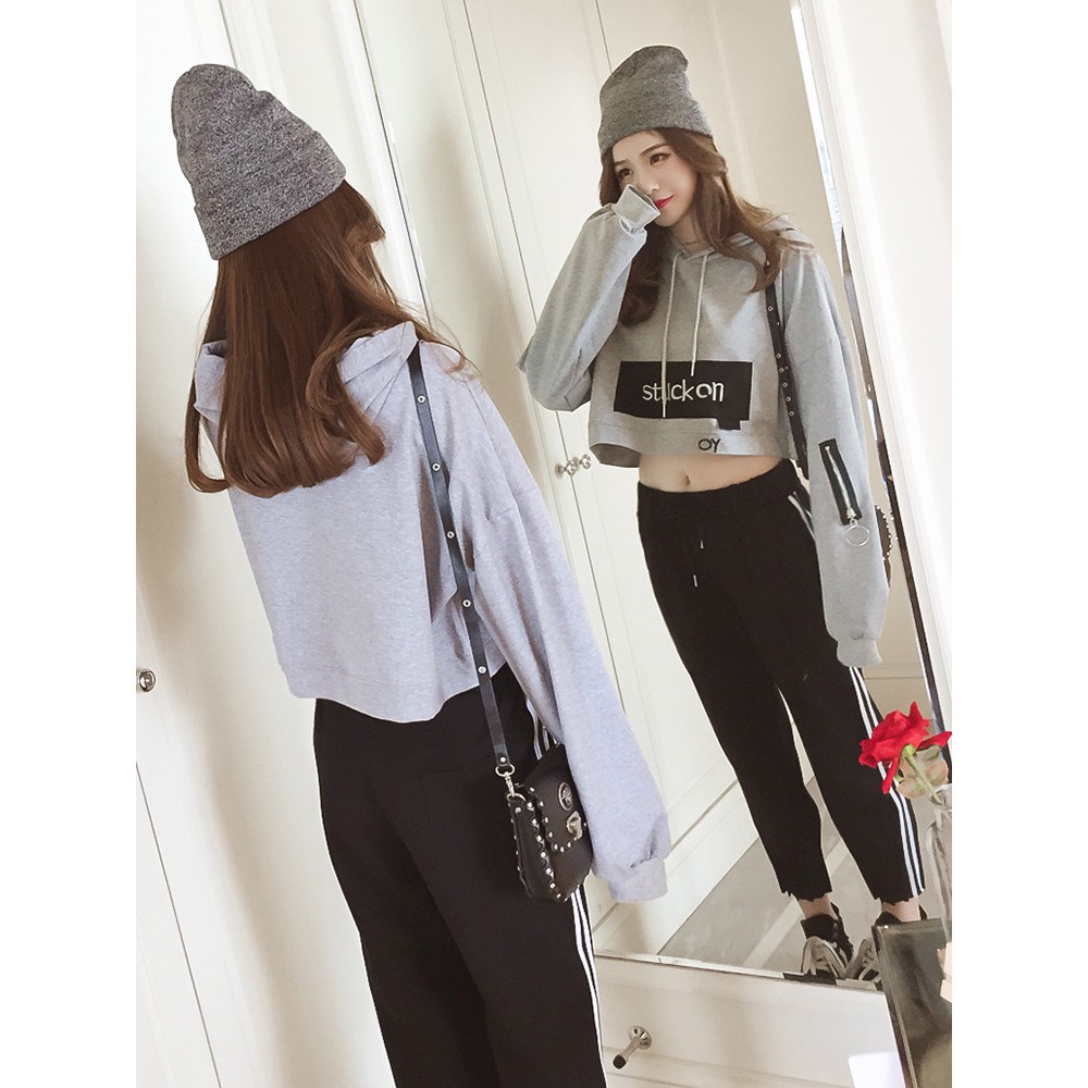 Set bộ nữ thu đông áo dài tay croptop có mũ quần dài may gấu xếp phông cách hiphop năng động