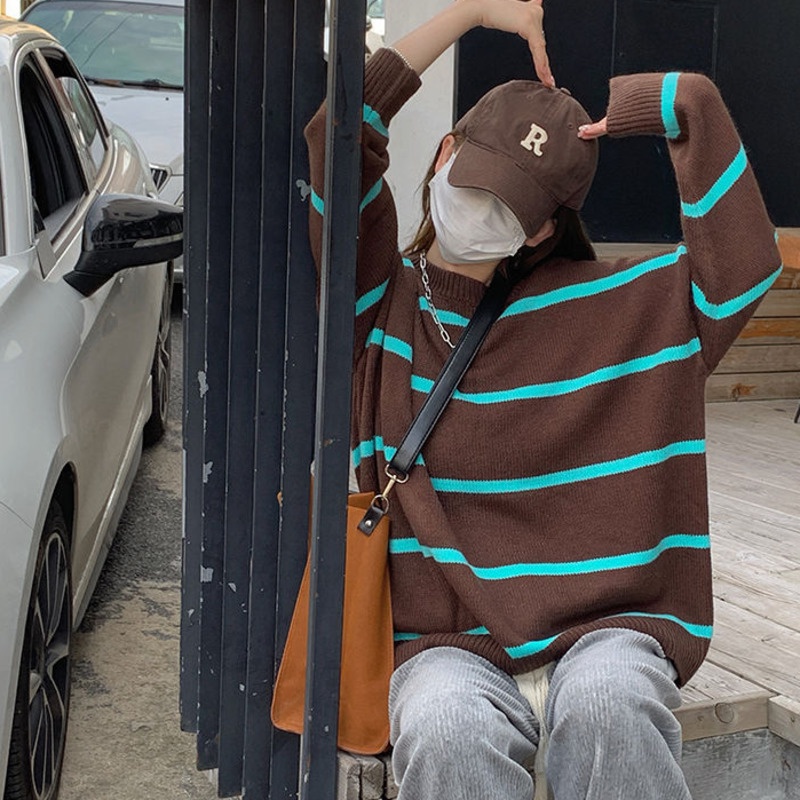 Áo len tay dài dáng rộng kẻ sọc ngang trẻ trung hợp thời trang