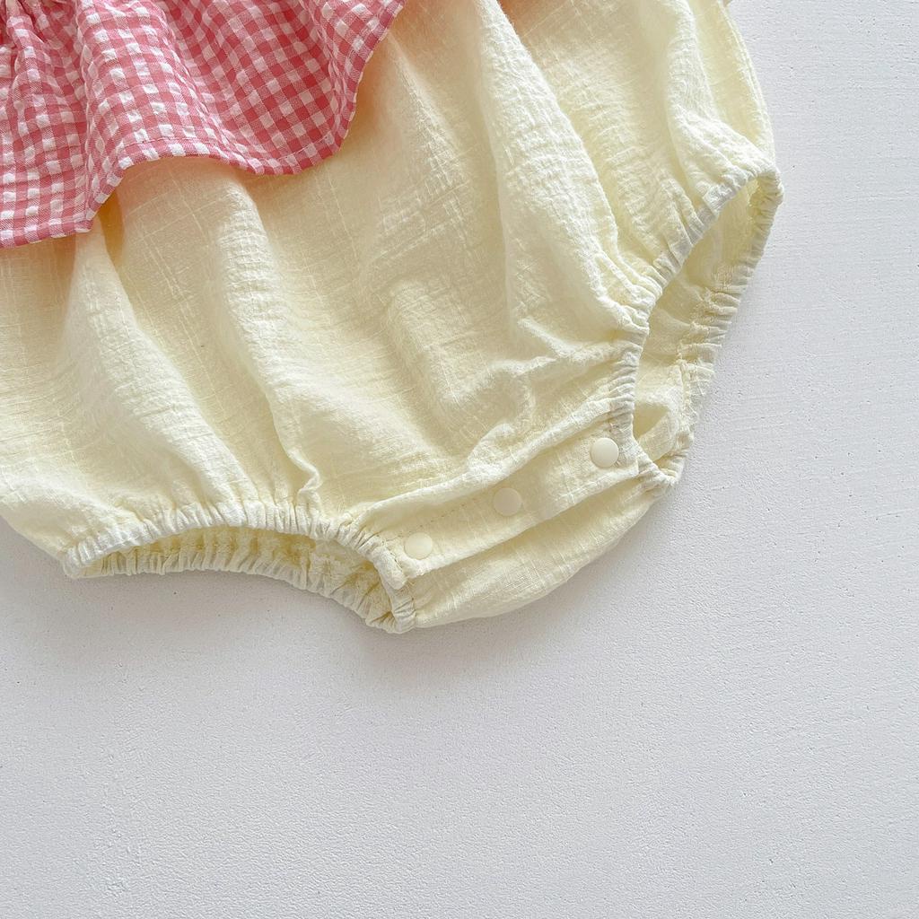 Áo liền quần Cotton Kẻ SọC Caro + Mũ Cho Bé GáI