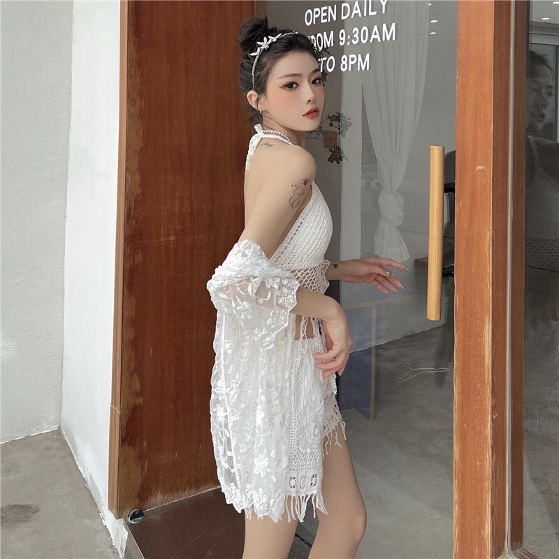 [BIKINI LEN ĐI BIỂN] Đồ bơi len 2 mảnh  tua rua đi biển che bụng màu trắng