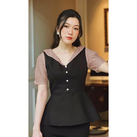 Áo Peplum HH. bigsize cổ bẻ phối tơ đính hạt châu phom đẹp che bụng gọn dáng