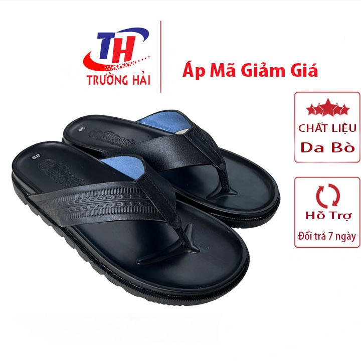 Dép xỏ ngón nam da bò cao cấp đế cao su màu đen Trường Hải