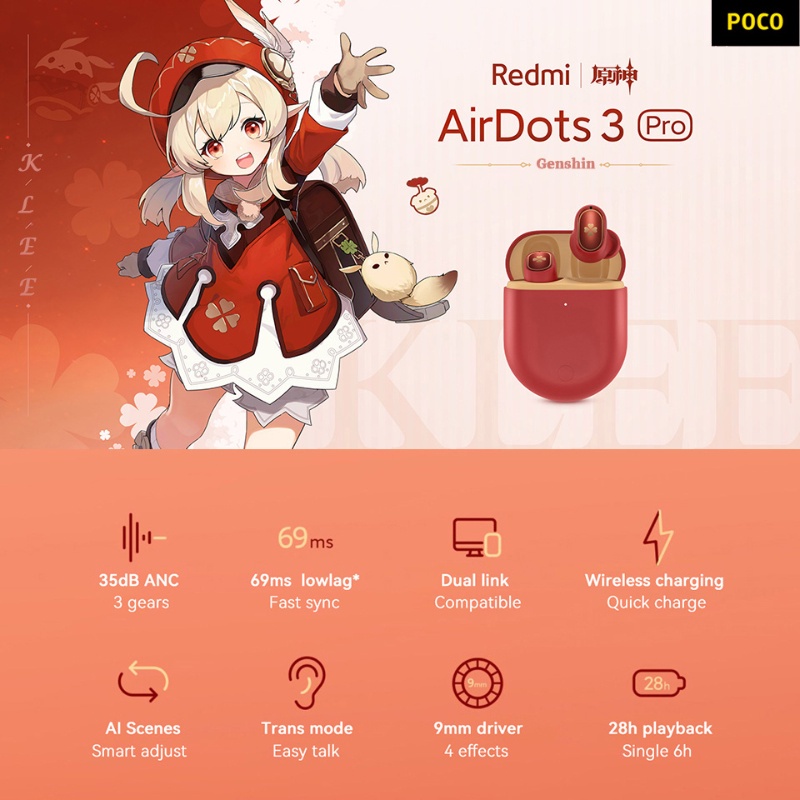 Etronik Official Genshin Impact Xiaomi Klee Original Redmi Airdots 3 Pro Tai nghe Bluetooth POCO Buds Pro Earbuds Tai nghe có Mic Low Delay