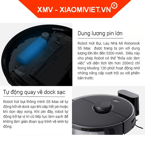 Robot hút bụi lau nhà Xiaomi Roborock S5 Max - Lực hút 2000PA - Pin 5200mAh - Bảo hành 12 tháng - Hàng chính hãng