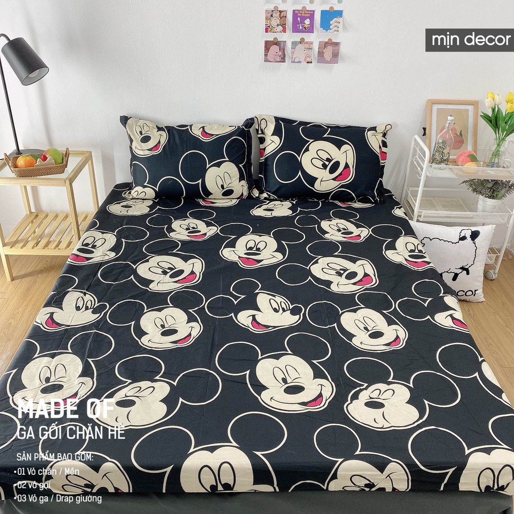 Drap Giường + 2 Vỏ Gối  - Ga Giường Cotton 3D Micky Đen (Kèm Ảnh Thật) Hot Trend 2020 - Mịn Decor