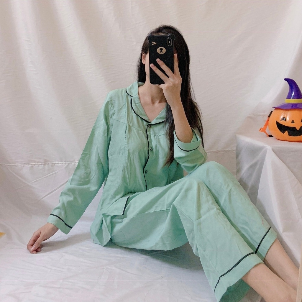 Bộ Bầu Sau Sinh Pijama Chất Đũi Hàn Viền Đen Siêu Mềm, Mát Có Khóa Cho Con Bú Cao Cấp (Free Size 45-65kg)