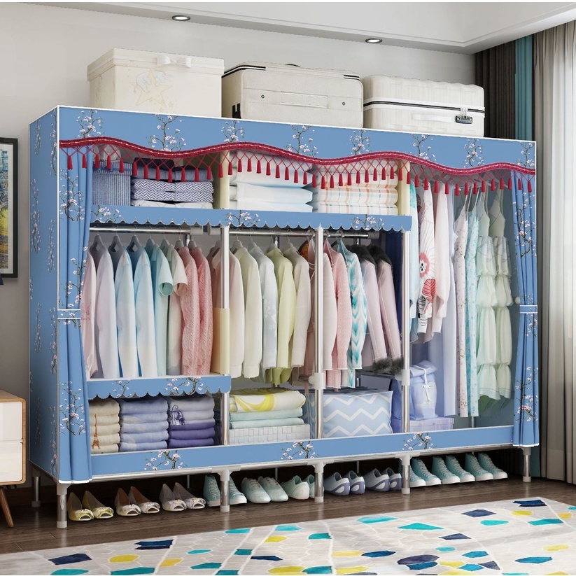 Tủ Quần Áo Vải Đựng đồ Vải Khung Gỗ Bọc Nhựa Đựng Quần Áo Vải 4 Buồng Khung 8 Ngăn Gỗ Cỡ Lớn loại 1 có gỗ 20mm