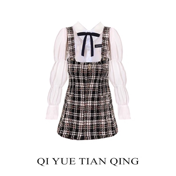 Sét váy kẻ tiểu thư dài tay sang chảnh có size từ XS-XL