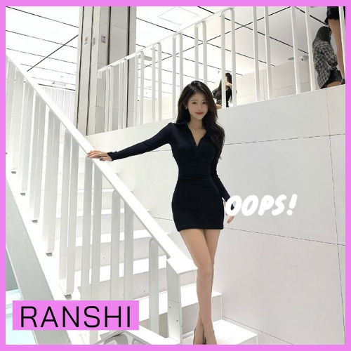 Đầm Body Dài Tay Sexy Cổ Polo RANSHI Váy Ôm Sát Có Hai Màu Đen Và Trắng Siêu Xinh Chất Thun Gân Dày Dặn - RBD044