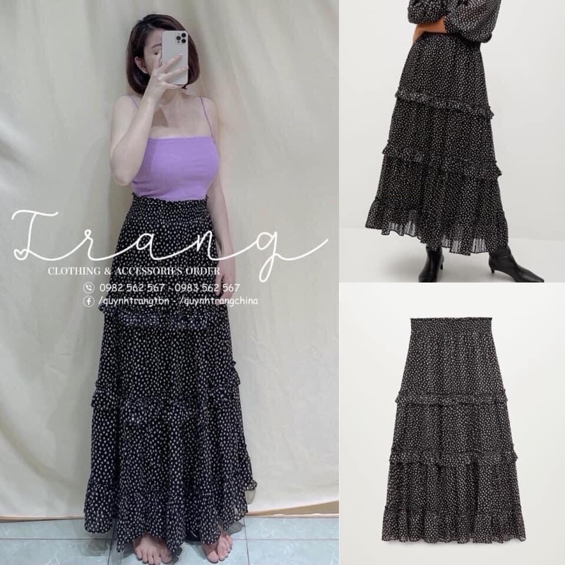 Mango Đức - Chân váy kiểu chính hãng auth new tag cao cấp có sẵn sale xòe chấm bi dài midi xếp ly 77069208