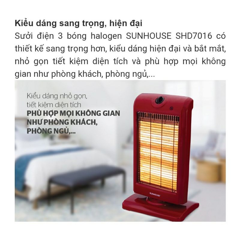 Quạt Sưởi, Máy Sưởi 3 Bóng Sunhouse Halogen SHD 7016 Hàng Chính Hãng BH 12 Tháng Toàn Quốc