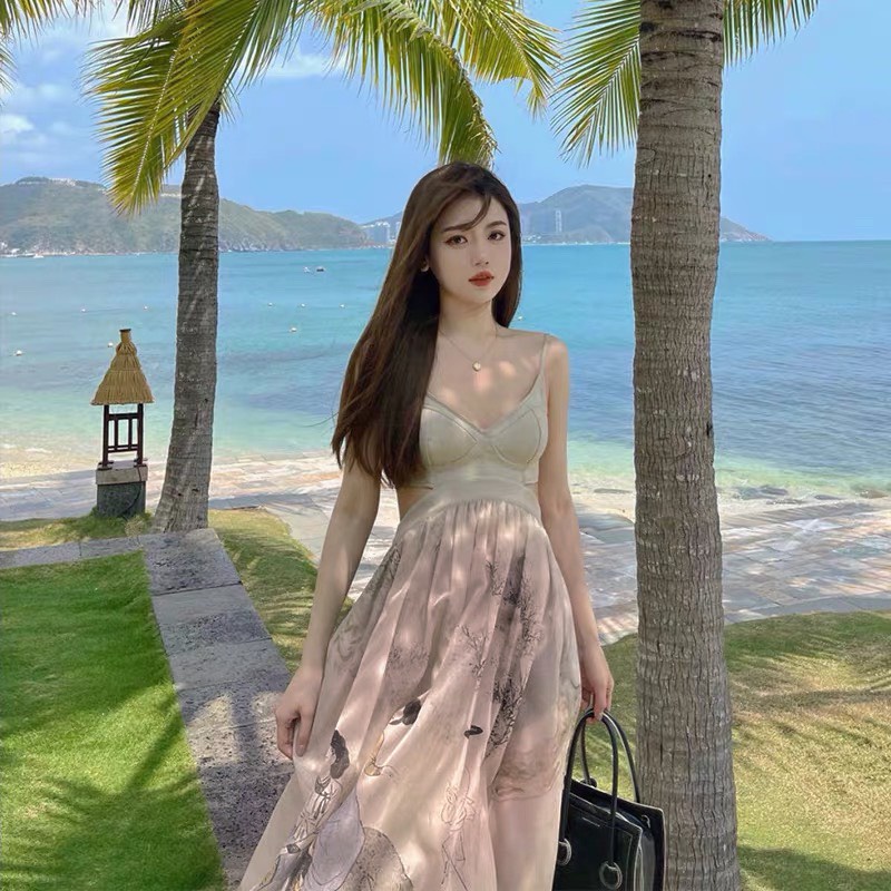 Đầm maxi 2 dây voan nude khoét eo hoạ tiết 3D hở vai lưng sexy công chúa tiểu thư ulzzang