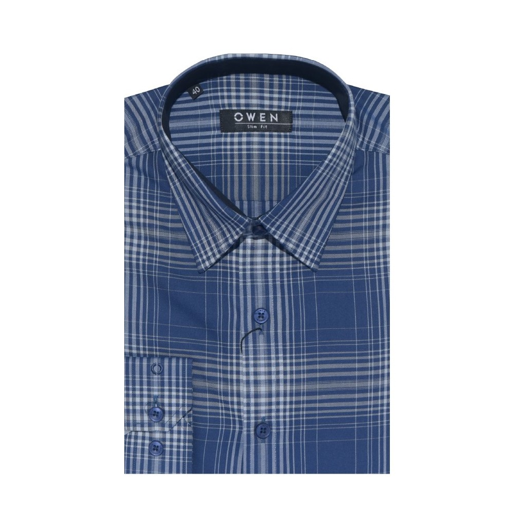 Áo Sơ Mi Nam Dài Tay OWEN AS220139D Somi Công Sở Vải Sợi Tre Cao Cấp Màu Kẻ Caro Navy Trắng Dáng Ôm Tà Lượn Không Túi
