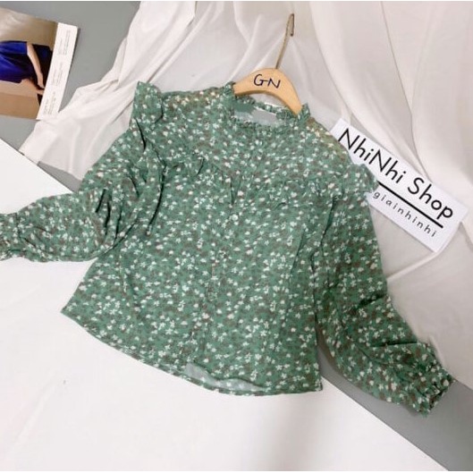 Áo kiểu sơ mi hoa voan bèo ngực túi zip