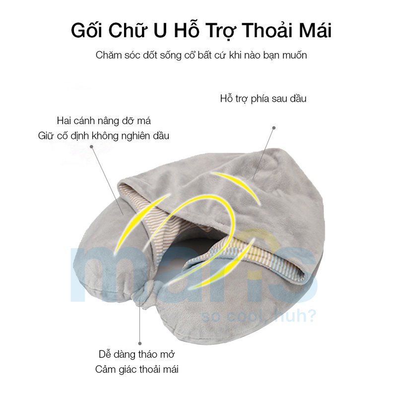 Gối Chữ U Cao Su Non MARIS Mr - 203 Memory Foam Cao Cấp Size 33 x 32 x 11 Cm, Gối Kê Cổ Có Mũ