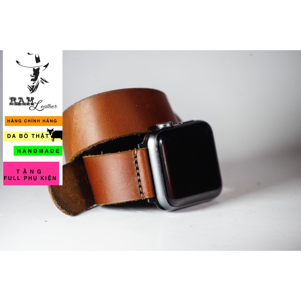 Dây đồng hồ da bò cao cấp màu nâu đỏ RAM Leather doublestrap - tặng khóa chốt và cây thay dây