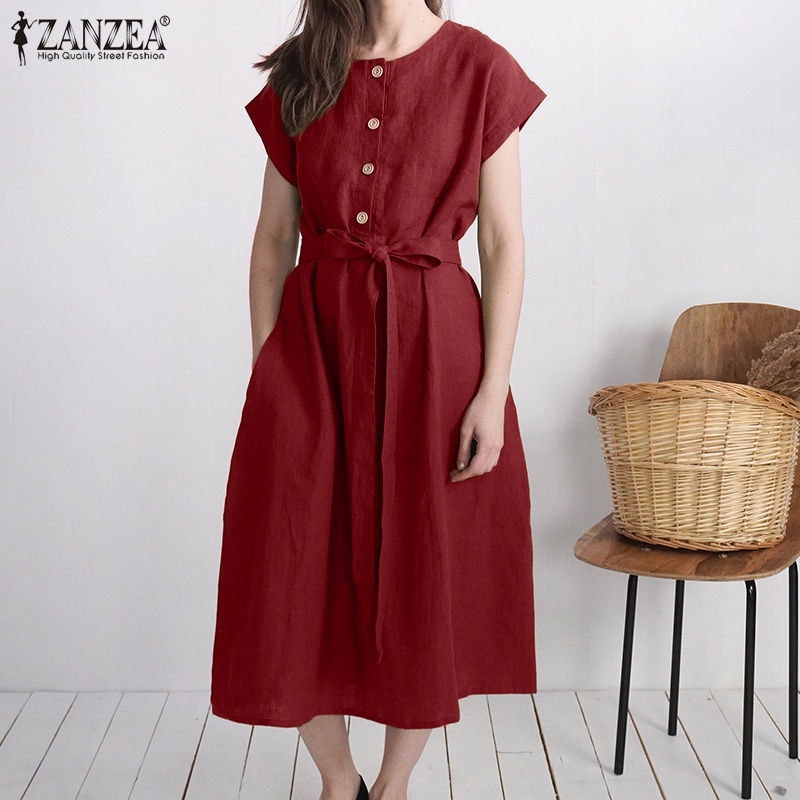 Đầm tay ngắn ZANZEA cổ tròn màu trơn phối thắt lưng thiết kế đơn giản cho nữ