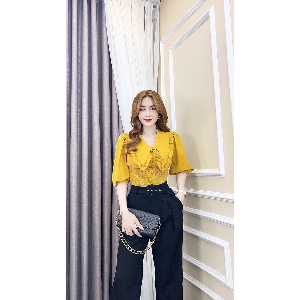 Áo kiểu tay bồng nữ CRAZYTEEn cổ nhọn viền bèo A0270