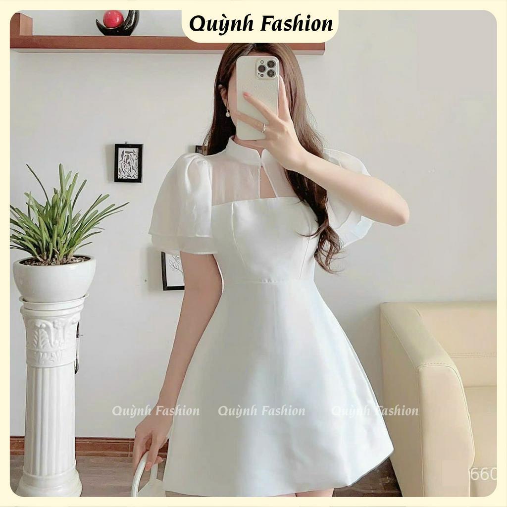 Đầm Cổ Tàu Tay Phồng Phối Bèo Voan Trắng QUỲNH FASHION Lạnh Sang Trọng Nữ Tính Freesize 46-55kg