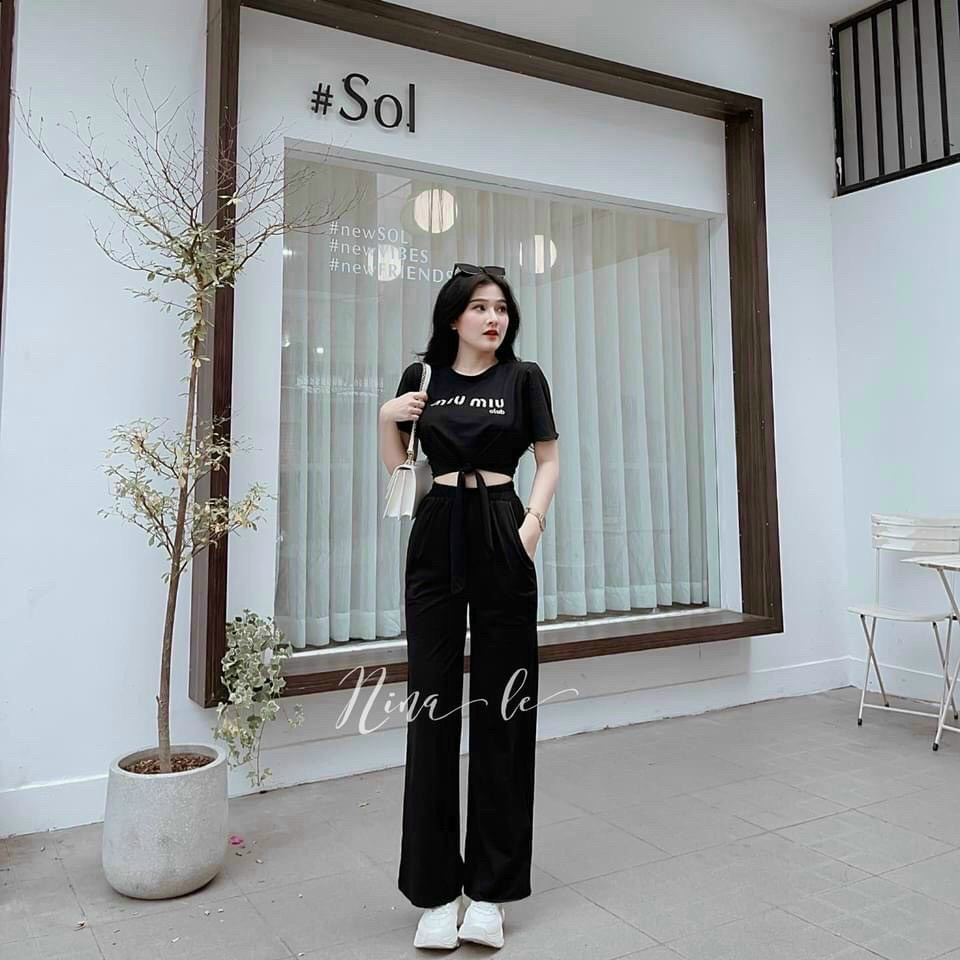 SET BỘ ÁO NGẮN CROPTOP QUẦN DÀI THÊU CHỮ  MIUMIU- THẮT NƠ EO GỢI CẢM