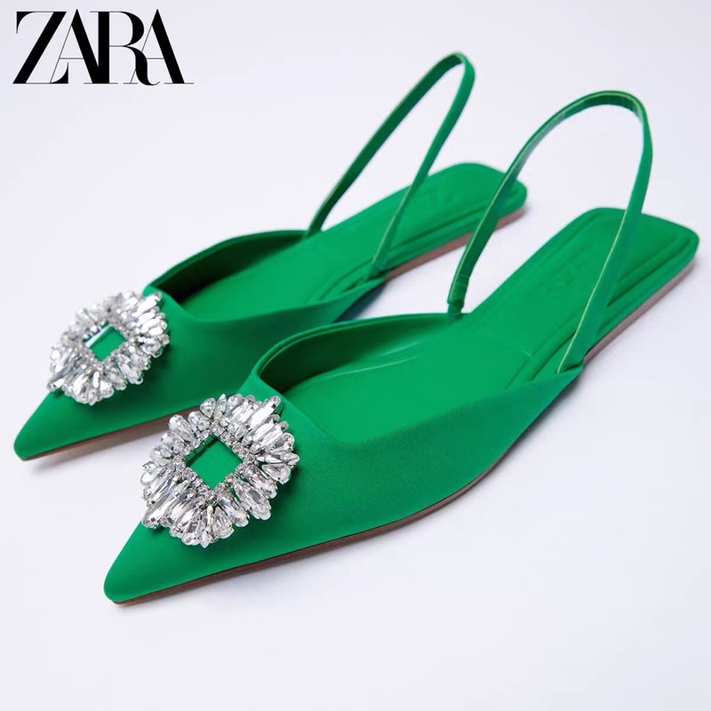 GIÀY MULE ZARA GÓT THẤP XANH LÁ ĐÍNH ĐÁ LẤP LÁNH