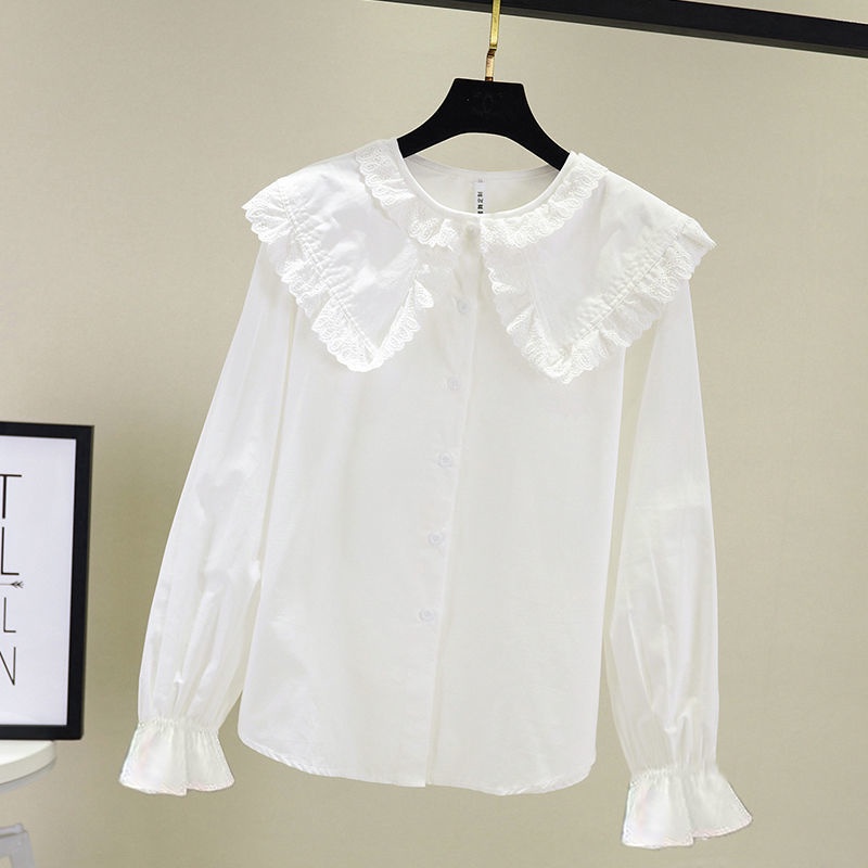 Cô gái thêm áo sơ mi fleece nhỏ tươi ren búp bê cổ áo lót cơ sở cô gái trắng rất tiên hàng đầu