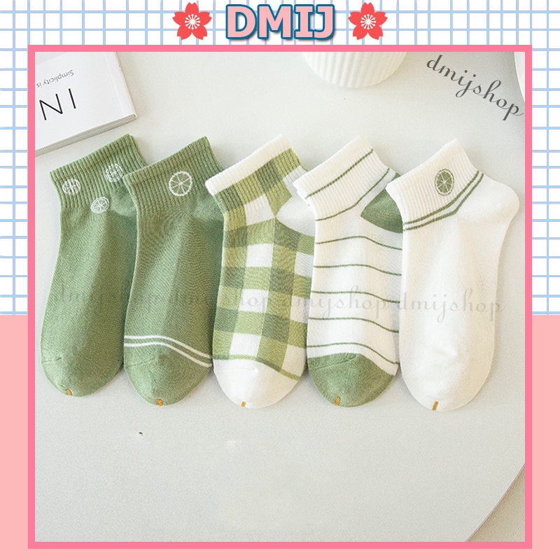 Set 5 đôi tất nữ cổ thấp nhiều màu họa tiết xanh như chanh T16