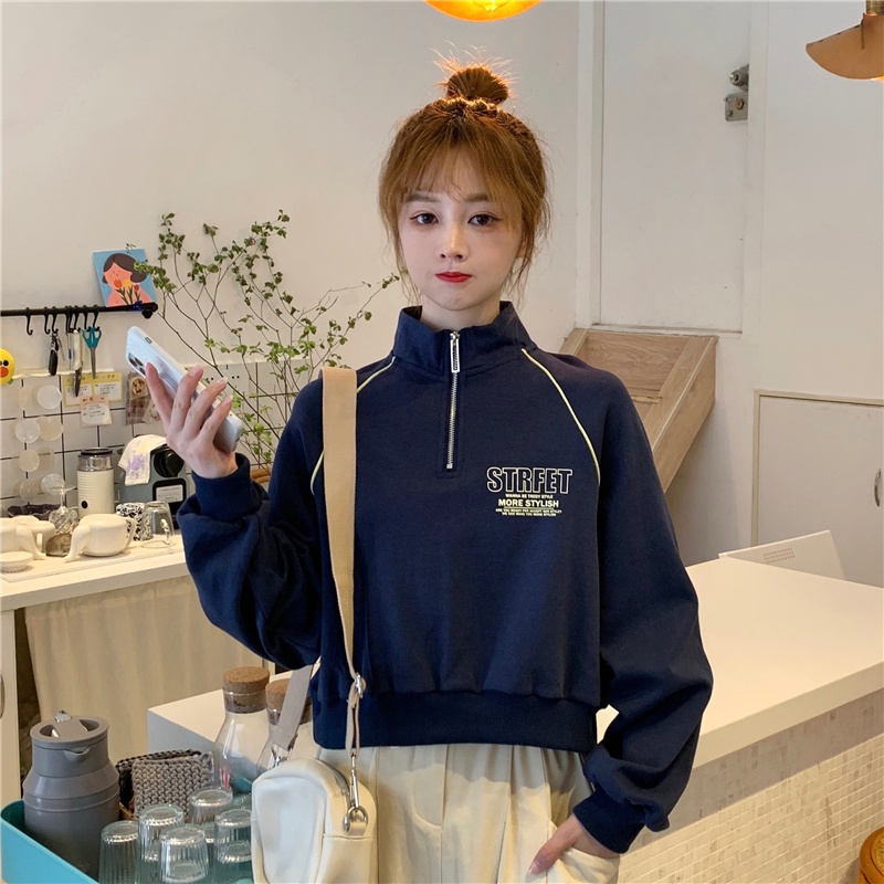 Áo Nỉ Nữ Dài Tay Cổ Đứng Thời Trang Hàn