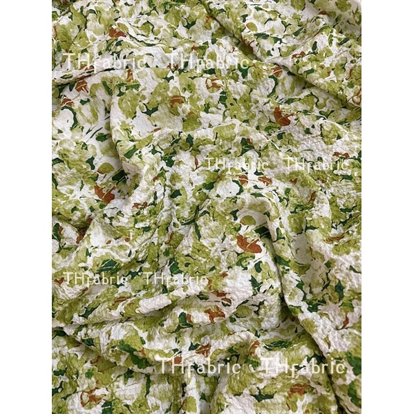 vải đũi nhăn cotton mềm mát co giãn lá xanh cốm to