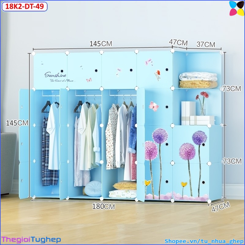 Tủ nhựa ghép 18 ô 2 kệ, size sâu 47cm, chọn màu theo phân loại (xanh dương cửa cẩm tú cầu, hồng trơn)