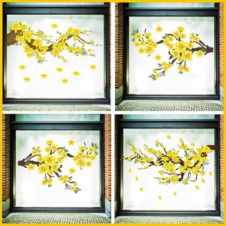 Decal hoa mai dán cửa kính trang trí tết cao cấp - Decal tết có keo sẵn trang trí văn phòng cửa hàng có keo sẵn