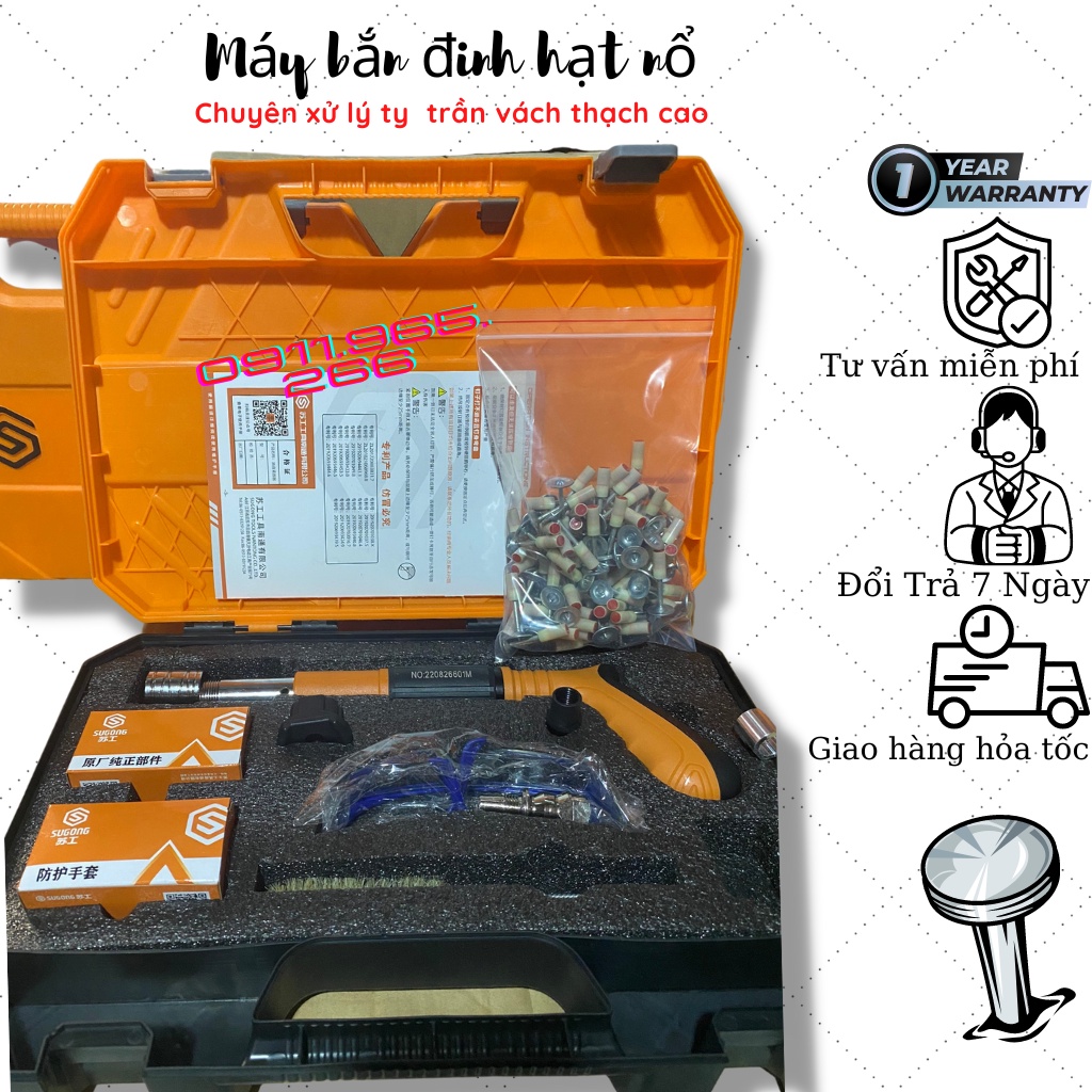 Máy bắn đinh hạt nổ bê tông ty trần thạch cao, tôn, sắt, thép dày 8mm không cần sử dụng điện