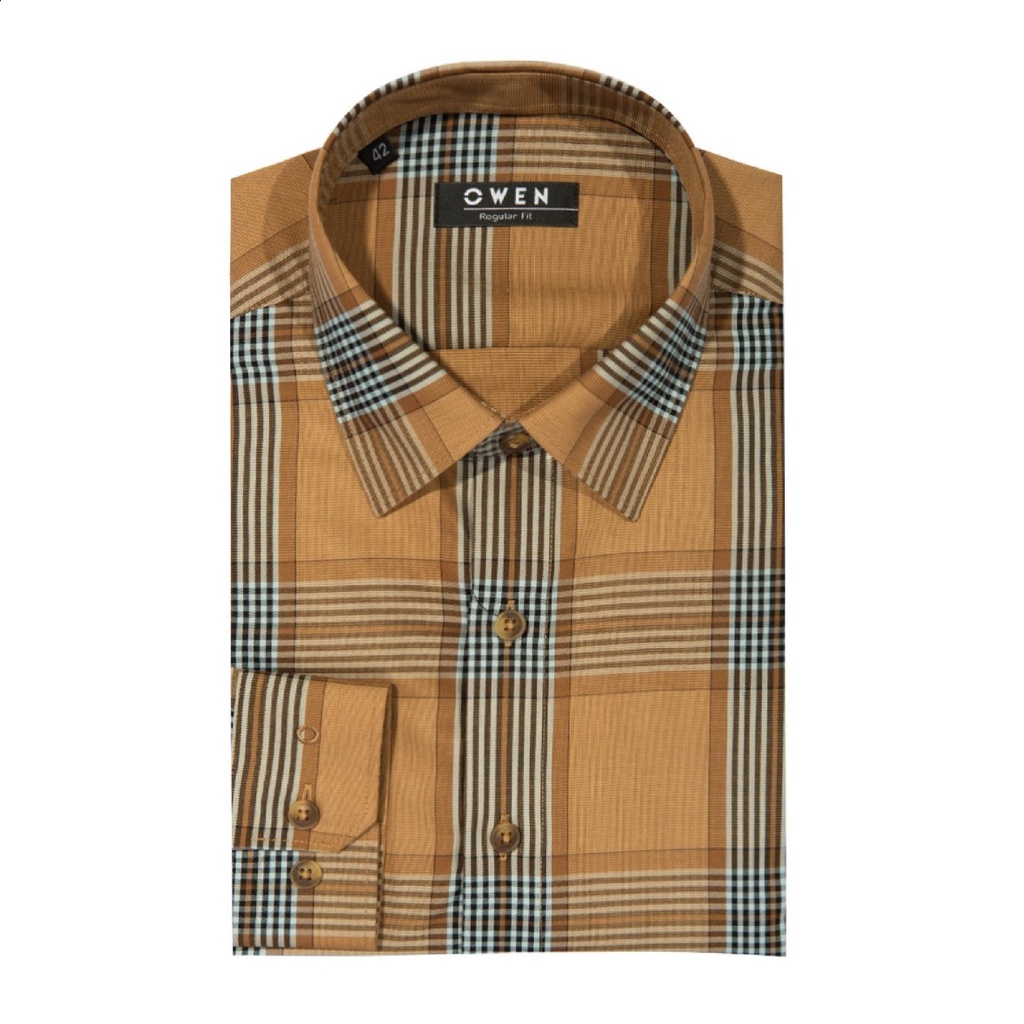 Áo Sơ Mi Nam Dài Tay OWEN AR220885D Somi Công Sở Vải Sợi Tre Cao Cấp Màu Kẻ Caro Nâu Đen Dáng Suông Tà Lượn Không Túi