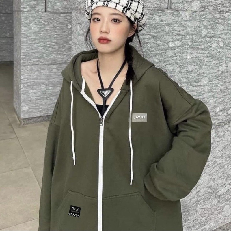 Áo Khoác Hoodie zip nỉ bông JAY.ST TAG CARO màu XANH RÊU 🖤 Nam nữ unisex 🖤 Áo Hoodie dây kéo form rộng Jaystoree