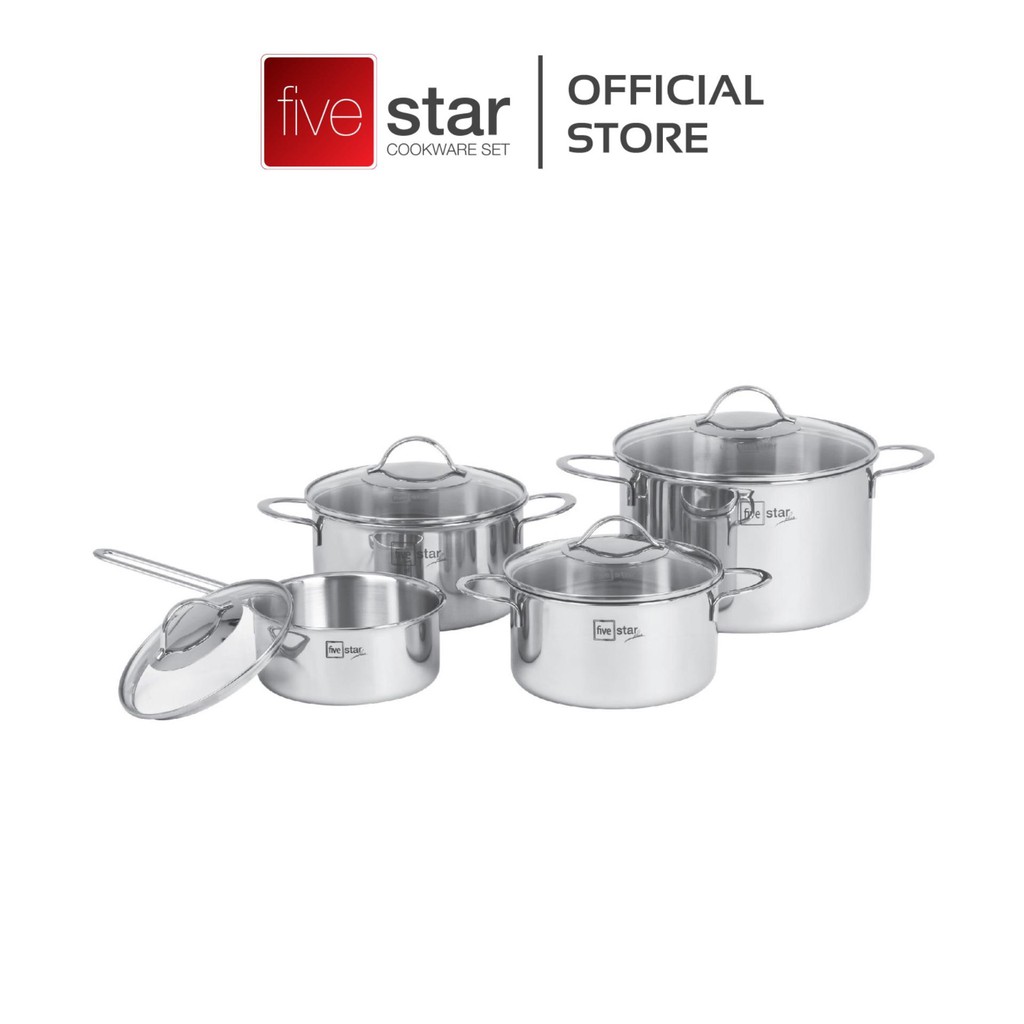 BỘ NỒI QUÁNH CAO CẤP INOX 304 FIVESTAR STANDARD 4 CHIẾC 3 LỚP ĐÁY LIỀN NẮP KÍNH,tặng 2 vá canh inox.hàng xuất khẩu