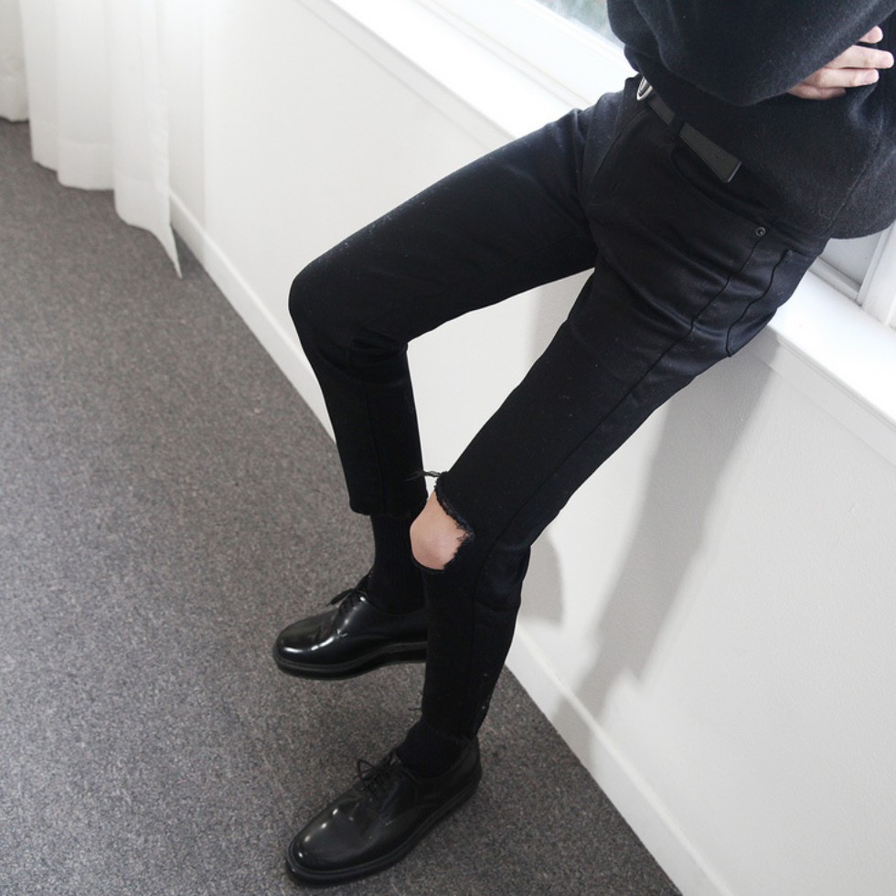 [Co GIãn+Không Phai Màu]Quần Jean Rách Gối Nam Màu Đen Vải Không Phai Màu, Co Giãn Dáng Skinny Phong Cách Hàn Quốc-J05 | BigBuy360 - bigbuy360.vn