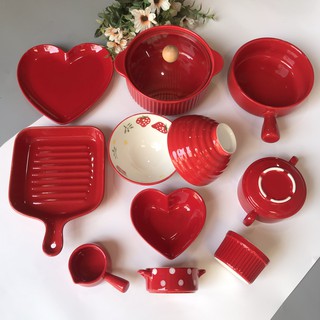 Set Bát Đĩa❤️ĐỎ❤️Bát đĩa ăn cơm, ăn mì siêu cute, decor bàn ăn dễ thương (hàng nhập)