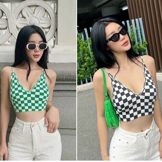 Áo 2 dây cổ tim kẻ sọc caro  CROPTOP PC
