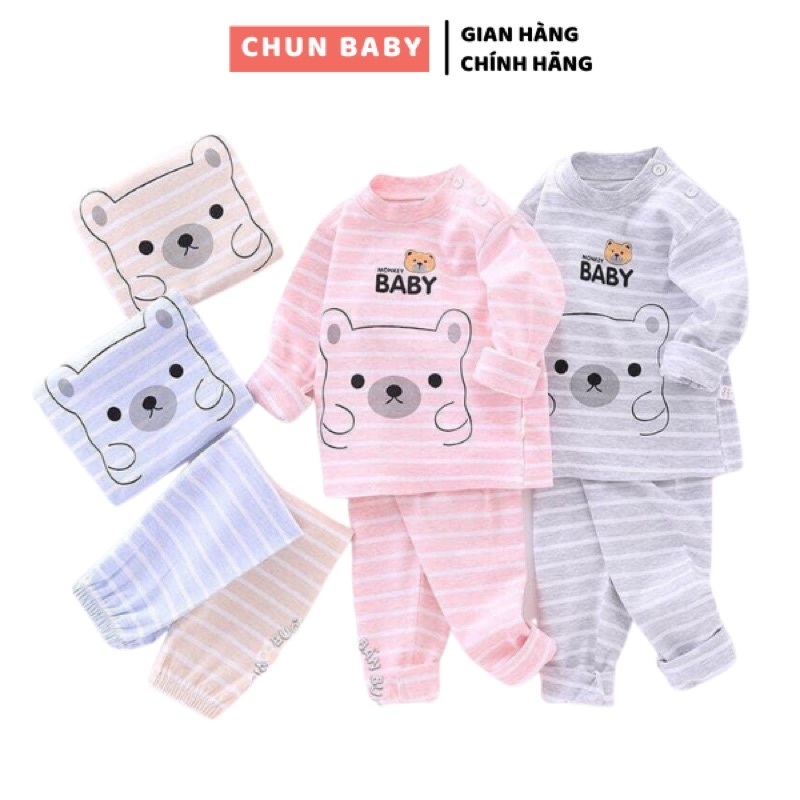 Bộ cotton dài tay cho bé trai và bé gái, bộ nỉ cotton giữ nhiệt cho bé hình gấu