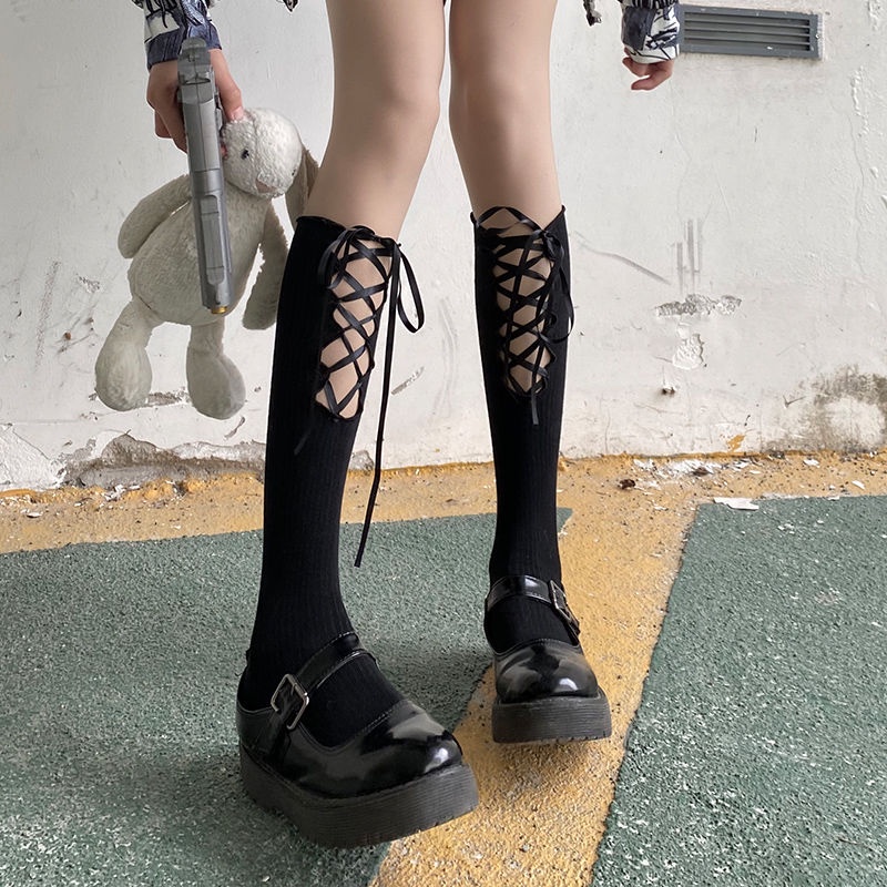 Jiashucheng Vớ Ống Lửng Phối Dây Chéo Màu Trắng Đen Phong Cách Lolita Dễ Thương Thời Trang Xuân Thu Cho Nữ