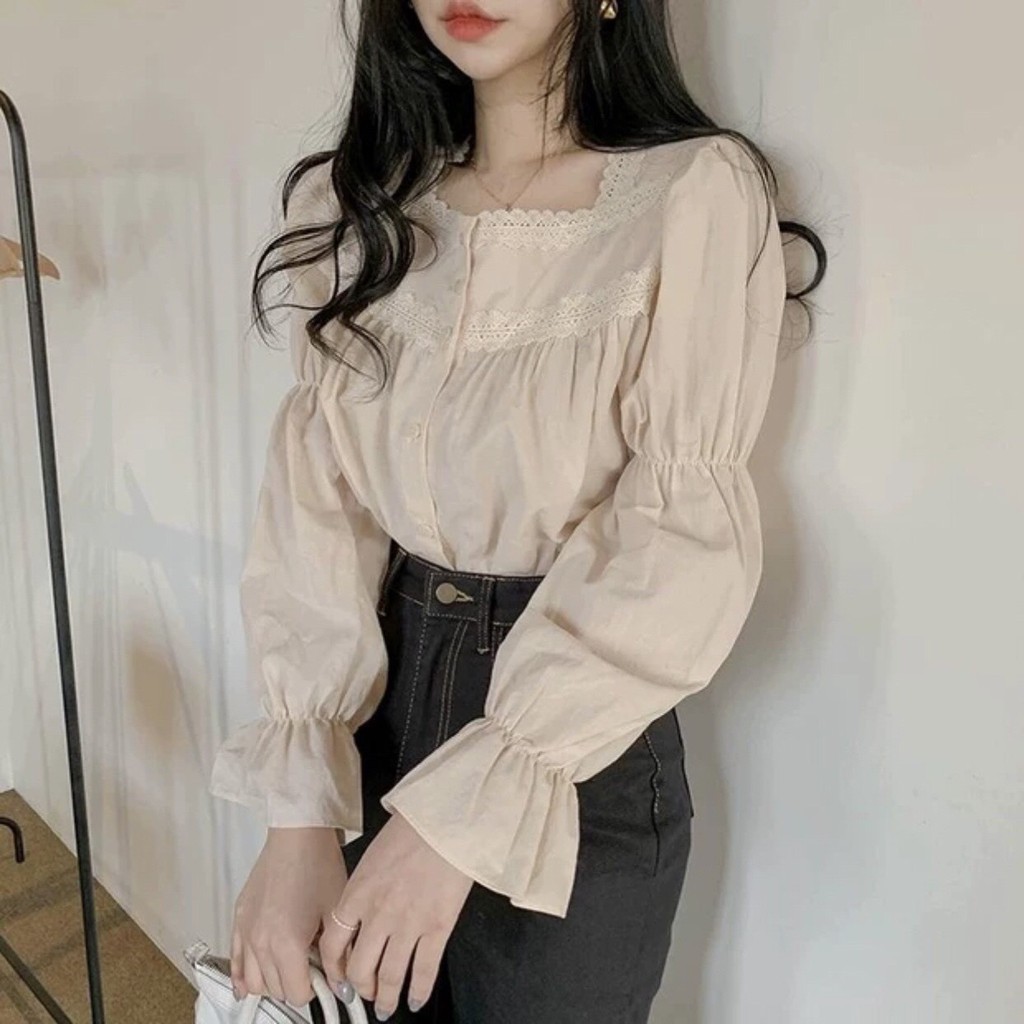Áo babydoll cổ vuông ren bo tay tiểu thư - Áo sơ mi ren điệu bo tay ống loe ulzzang