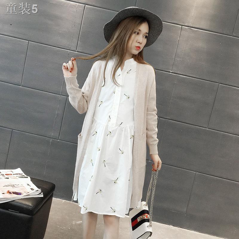 ☸♂Bộ đồ bà bầu mùa xuân thời trang mới thu áo len dệt kim cardigan hai mảnh và đầm 08