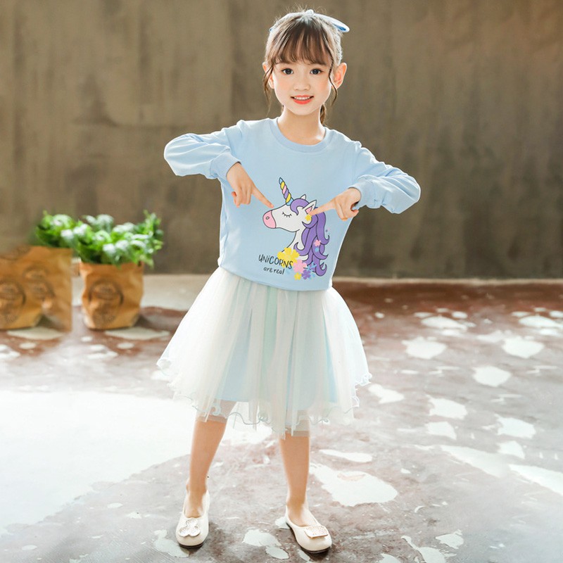 Set Áo Thun Tay Dài &amp; Chân Váy Lưới Cho Bé Gái