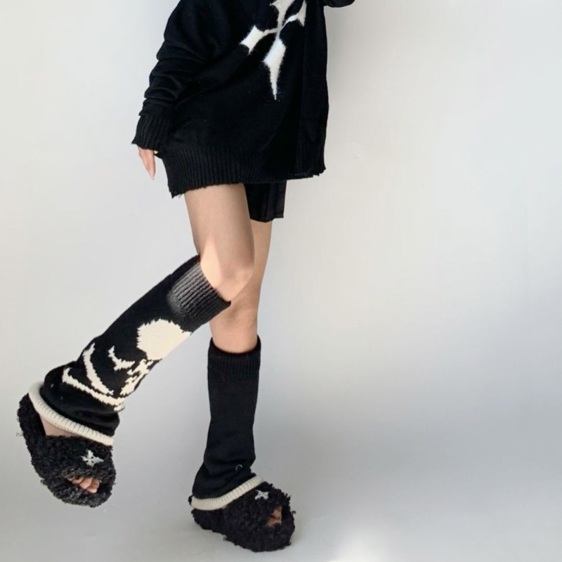 Xiangbao Vớ Dệt Kim Giữ Ấm Đầu Gối Họa Tiết Đầu Lâu Phong Cách Gothic Punk Cho Nữ