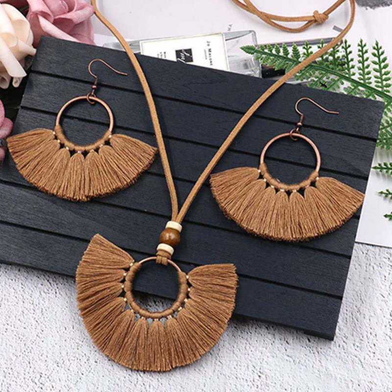 Bộ Dây Chuyền+Bông Tai Tua Rua Hình Quạt Phong Cách Bohemia