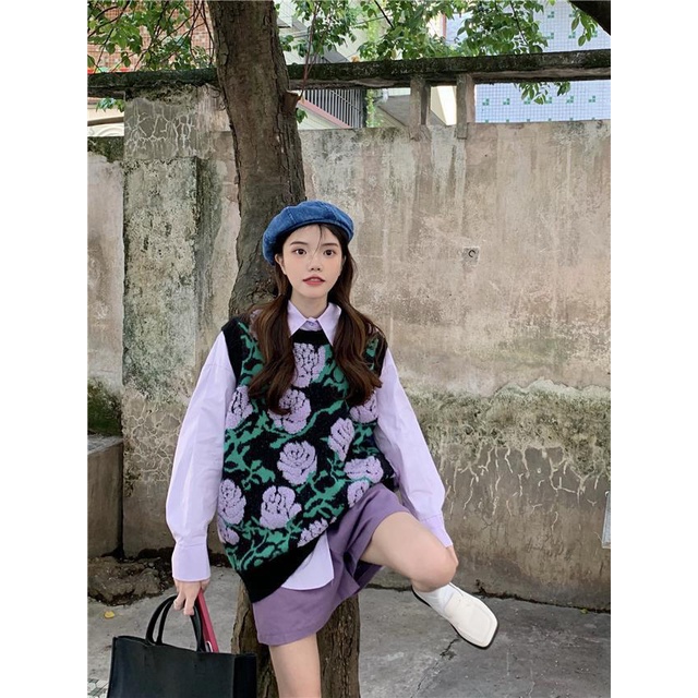 Set Áo Sơ Mi Form Rộng Họa Tiết Hoa Và Áo Len Không Tay Thời Trang Cho Nữ